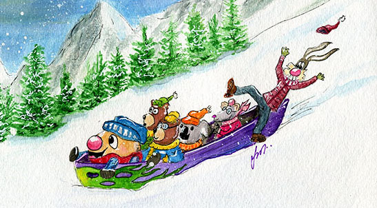 Ollie and pals hit the slopes in a shiny canoe